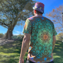 Load image into Gallery viewer, Back view of Fractal Metatron Earth Style sublimated T-shirt