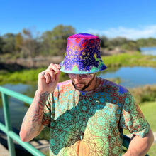 Load image into Gallery viewer, Fractal Metatron Earth Style festival T-shirt worn outdoors