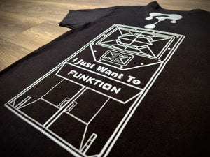 Close-up—speaker-stack line art with ‘I Just Want To Funktion’ text