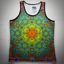 Load image into Gallery viewer, Fractal Metatron Earth Style tank top flat lay with Heady Made neck label