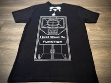 Load image into Gallery viewer, Back view—solid black tee with drip and large speaker-stack graphic