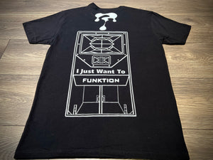 Back view—solid black tee with drip and large speaker-stack graphic