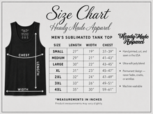 Load image into Gallery viewer, Heady Made Apparel men's sublimated tank top size chart in inches